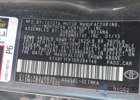 2013 Toyota Camry Le z USA, uszkodzony, nr VIN 4T4BF1FK1DR284146